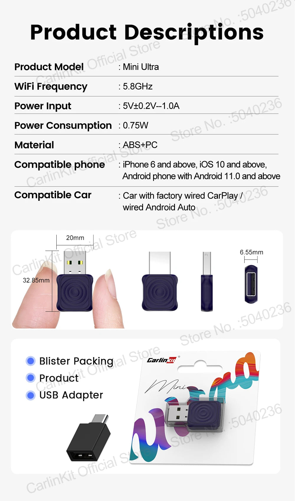 CarlinKit 5.0 Mini Ultra Wireless Adapter Wireless CarPlay Android Auto For OEM Car Plug and Play WiFi Bluetooth Auto Connection Ai-TechWorld 