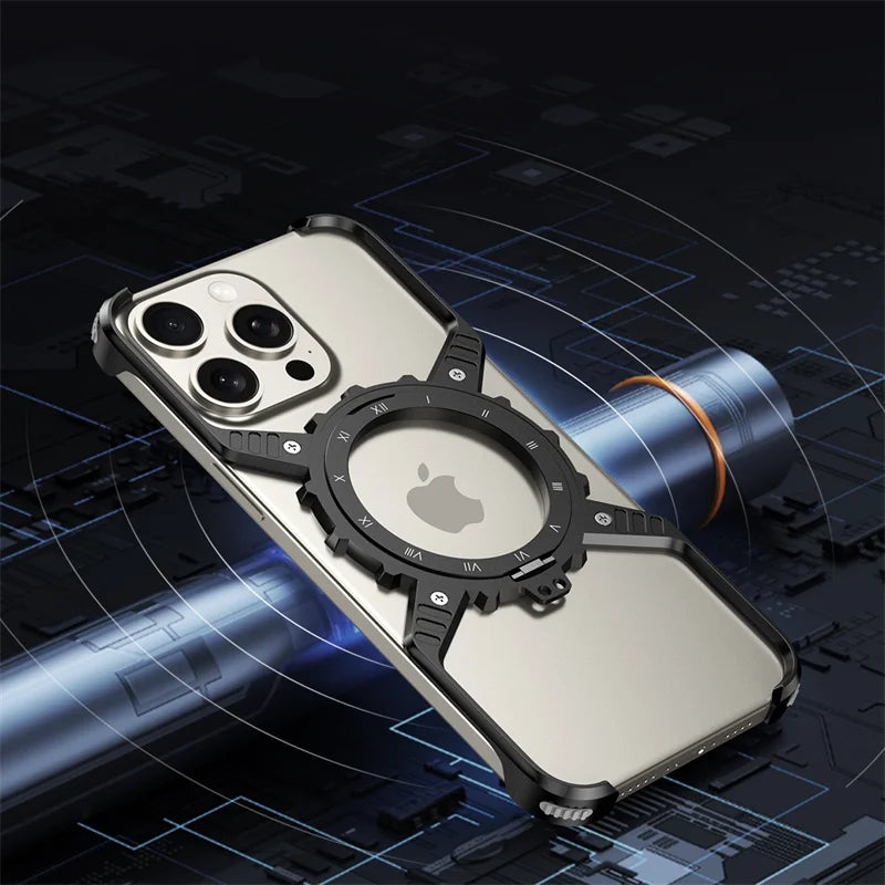 360° Stand X-shaped Mechanical For iPhone 17 14 13 15 16 Pro Max Plus gear Aluminium Magnetic Frameless Noctilucent Phone Cover Ai-TechWorld 