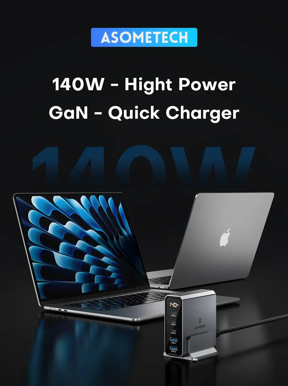 ASOMETECH 140W GaN USB Type C Fast Charger Multiple Ports QC4.0 PD Quick Charger For Macbook Laptop Tablet iPhone 14 Samsung S23 Ai-TechWorld 