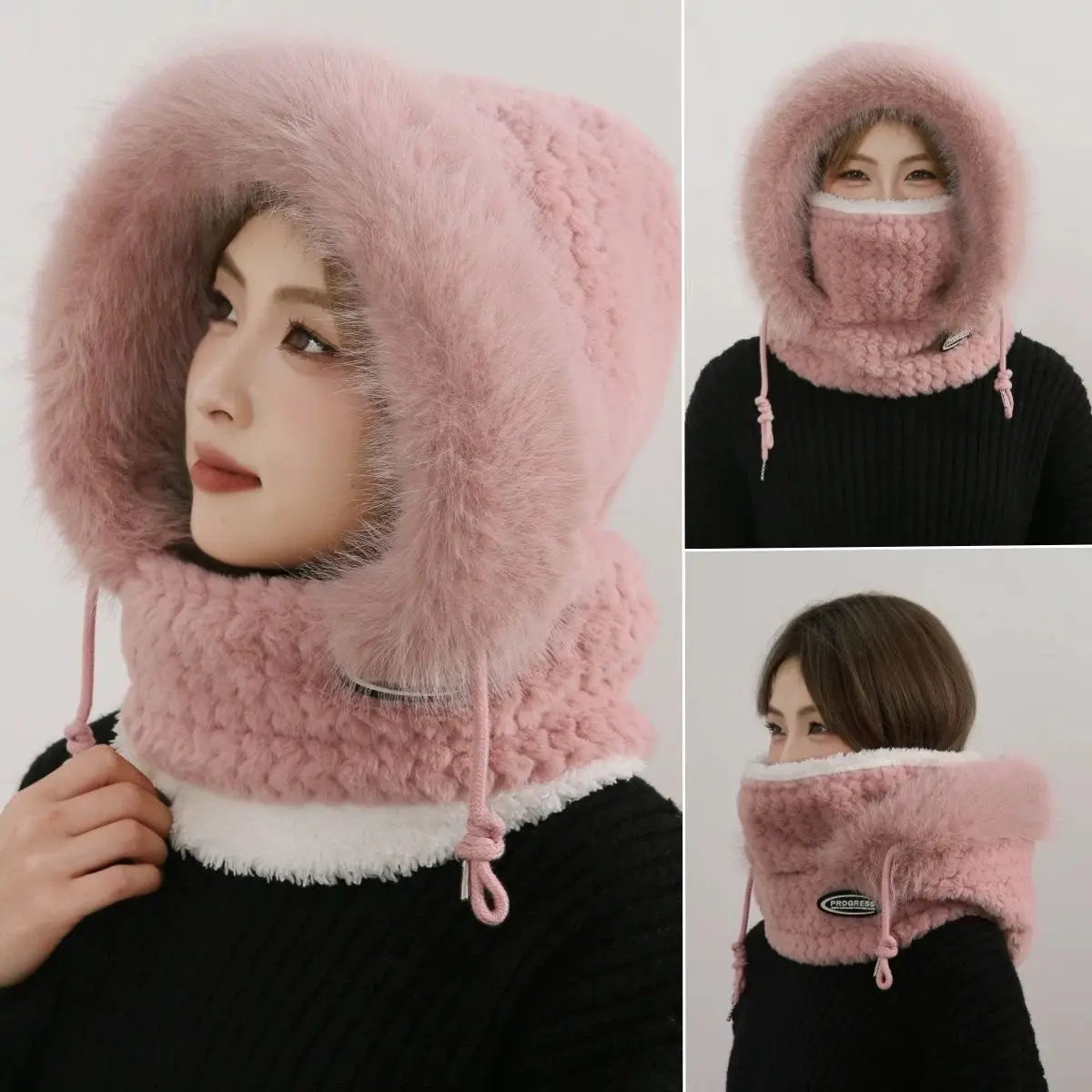 Autumn and Winter Women Thermal Plush Hat Hood Scarf and Mask Ear Protection Windproof Thick Design for Riding Outdoor Ai-TechWorld 