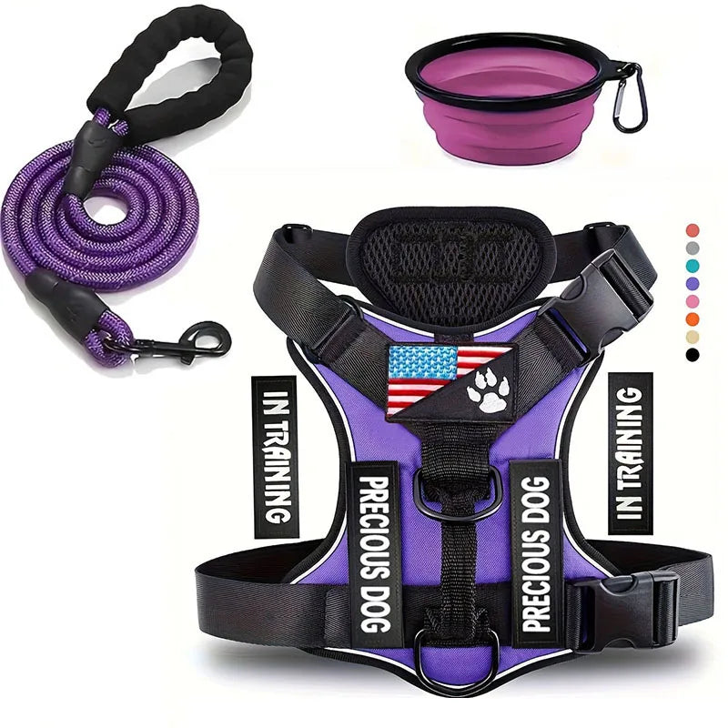Service Dog Harness & Leash Set with 1pc Folding Bowl Reflective Adjustable Dog Vest Harness Soft Oxford Pet Harness For Small M Ai-TechWorld 