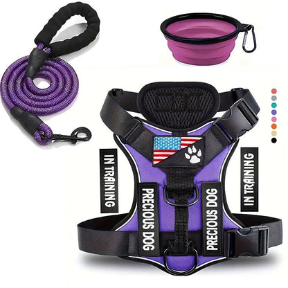 Service Dog Harness & Leash Set with 1pc Folding Bowl Reflective Adjustable Dog Vest Harness Soft Oxford Pet Harness For Small M Ai-TechWorld 