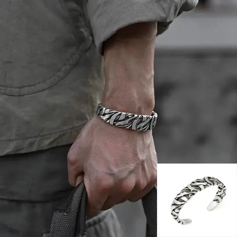 Retro Tibetan Six-Character Mantra Bracelet Scripture Lotus Opening Silver Plated Bracelet Twisted Line Men\\\'s Cuff Bracelet Ai-TechWorld 