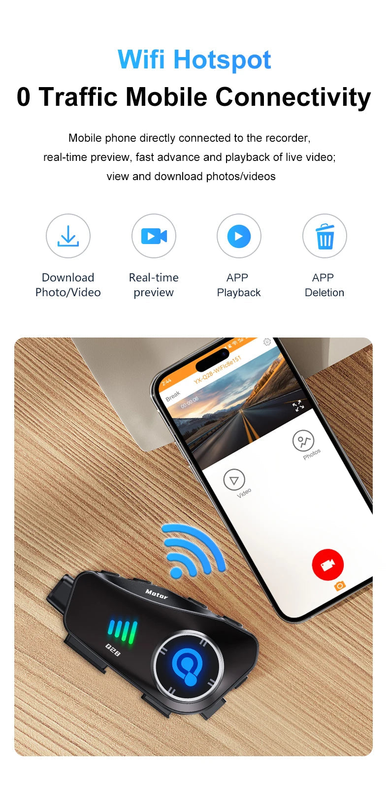 Q28 Motorcycle Helmet Headset Bluetooth Hands Free Call Waterproof Heaphone Wireless 1080P Video Dashcam TF Card as gift Ai-TechWorld 