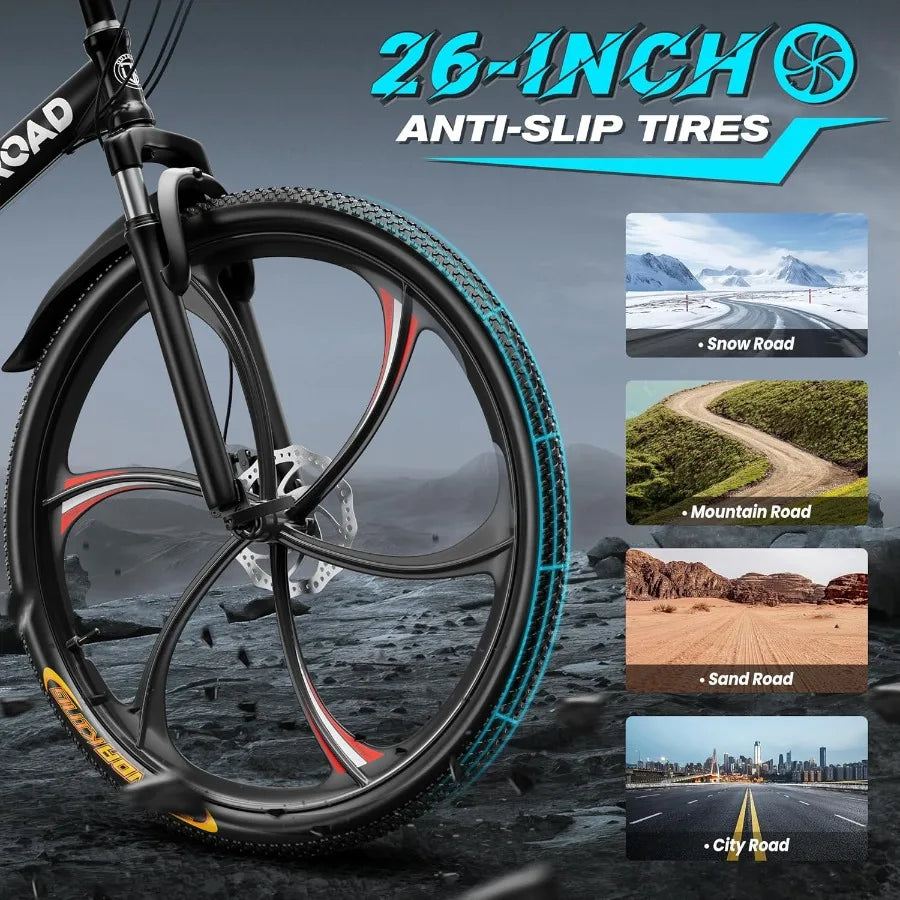 26 Inch Folding Mountain Bike with 21 Speeds and Full Suspension for Adults Featuring Dual Disc Brakes High Carbon Steel Frame Ai-TechWorld 