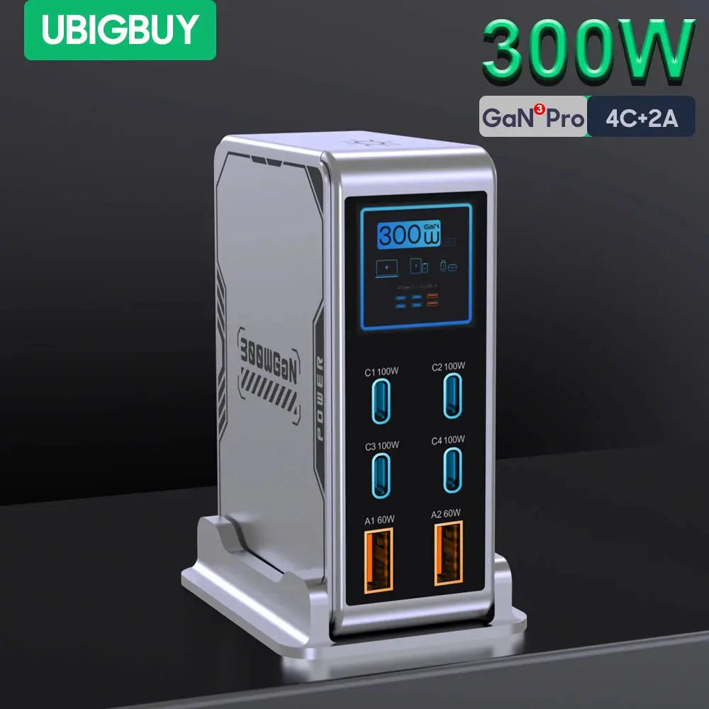 Ubigbuy 300W GaN Charger PPS PD 100W USB Type C 6-Port Digital Display Desktop Fast Charging Station for MacBook iPhone Samsung Ai-TechWorld 