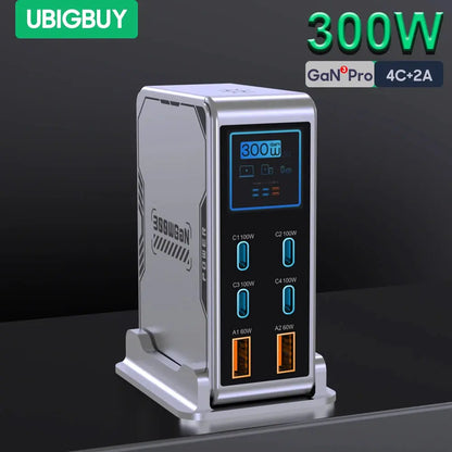 Ubigbuy 300W GaN Charger PPS PD 100W USB Type C 6-Port Digital Display Desktop Fast Charging Station for MacBook iPhone Samsung Ai-TechWorld 