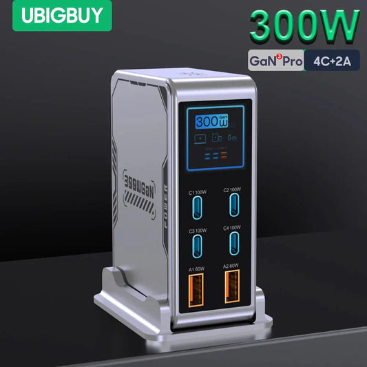 Ubigbuy 300W GaN Charger PPS PD 100W USB Type C 6-Port Digital Display Desktop Fast Charging Station for MacBook iPhone Samsung Ai-TechWorld 