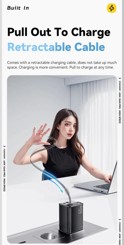 Essager 65W GaN Charger with Retractable Cable PD Fast Charging for Laptop Macbook iPhone 16 15 14 Xiaomi Type-C Phone Charger Ai-TechWorld 