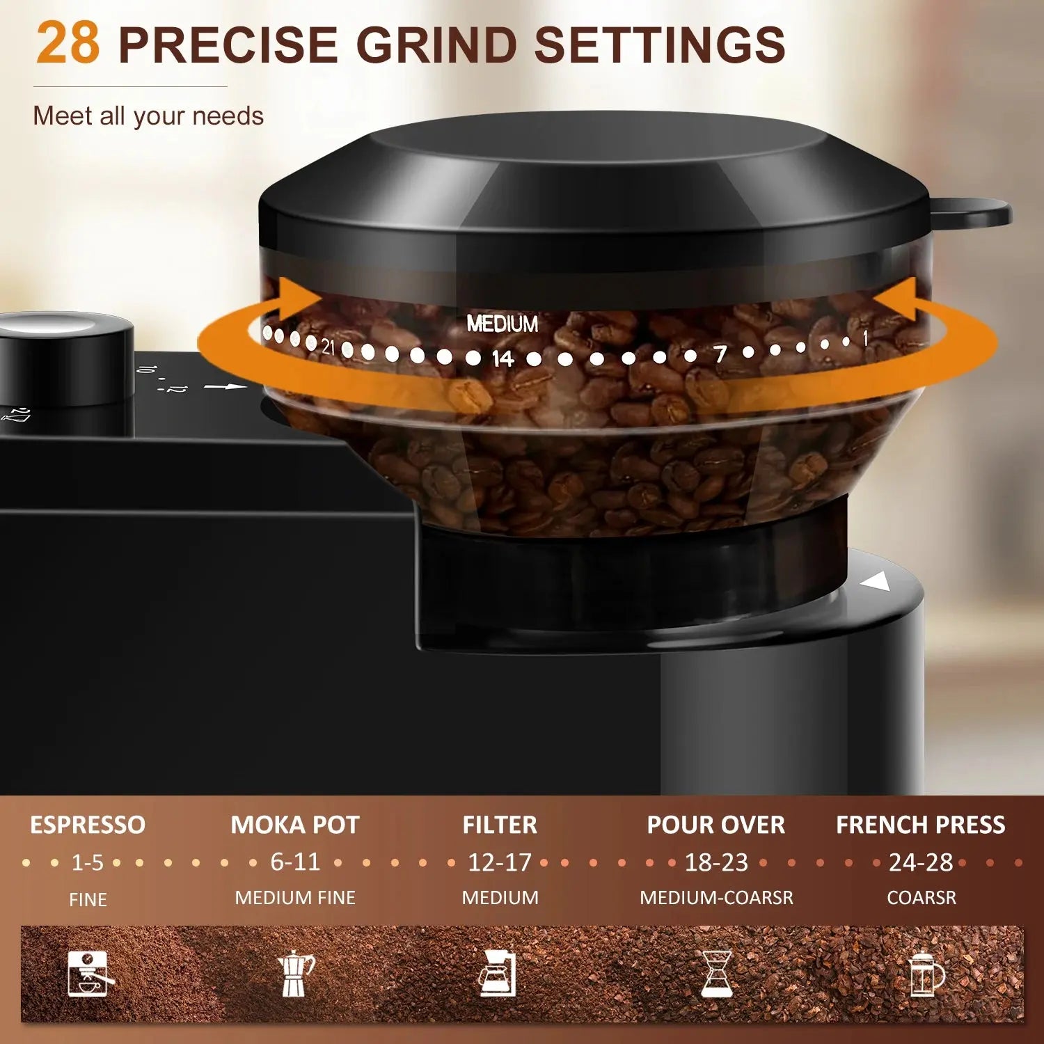 Automatic Burr Mill Coffee Grinder Electric Coffee Bean Grinding With 28 Adjustable Gears for Espresso French Press Drip Coffee Ai-TechWorld 