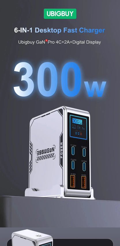 Ubigbuy 300W GaN Charger PPS PD 100W USB Type C 6-Port Digital Display Desktop Fast Charging Station for MacBook iPhone Samsung Ai-TechWorld 