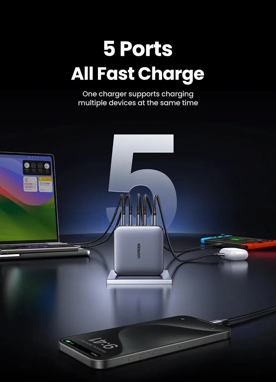 UGREEN 100W GaN Charger 5 Ports USB C Charger QC4.0 3.0 PPS For Macbook Air Laptop Tablet PDFast Charger For iPhone 16 15 14 Pro Ai-TechWorld 