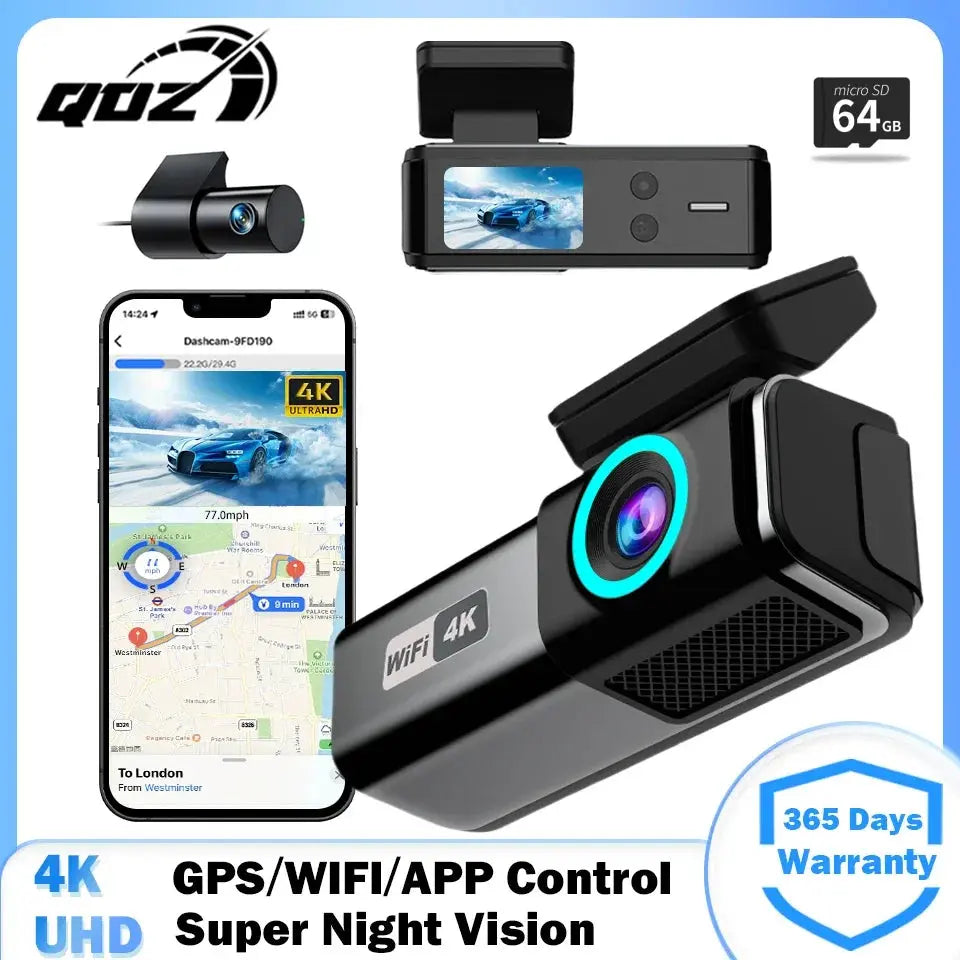 QOZ 4K UHD Dash Cam WIFI GPS Car DVR Front and Rear Dual Lens Auto Car Drive Recorder Night Vision G-Sensor 24H Parking Monitor Ai-TechWorld 