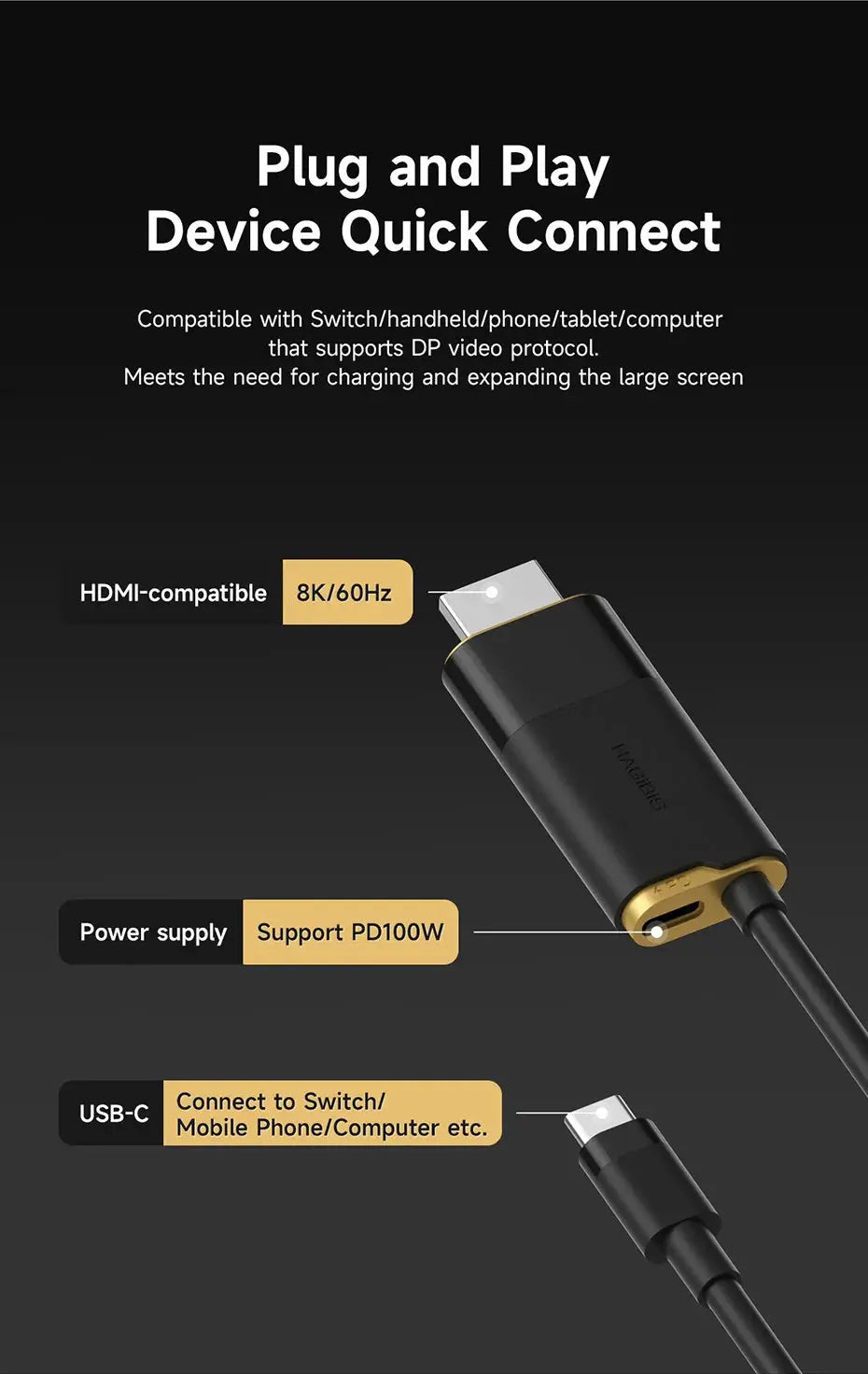 Hagibis Switch Dock for Nintendo Switch/OLED/Switch2 USB C to HDMI Cable Adapter 8K@60Hz HDR 100W PD for Laptop SteamDeck ROG Ai-TechWorld 