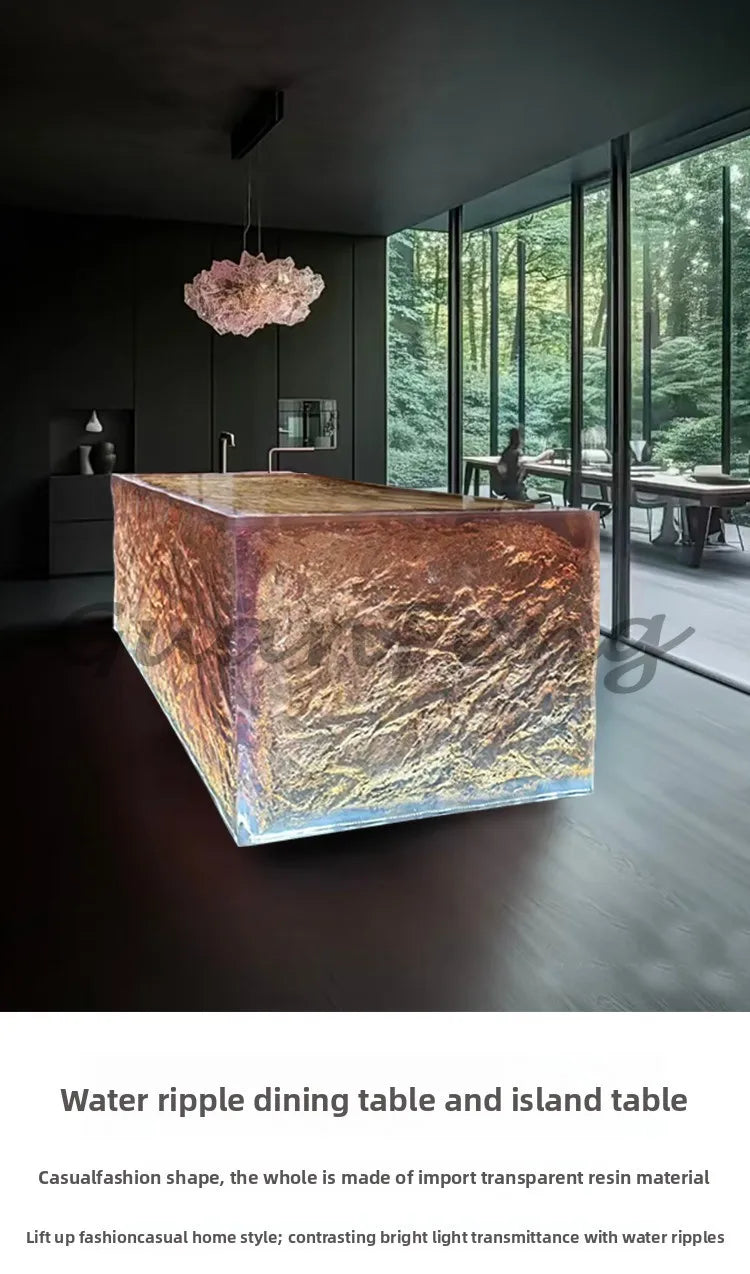 Premium Light Luxury Transparent Resin Hotel Front Desk Restaurant Villa Kitchen Partition Luminous Crystal Glacier Island Table Ai-TechWorld 