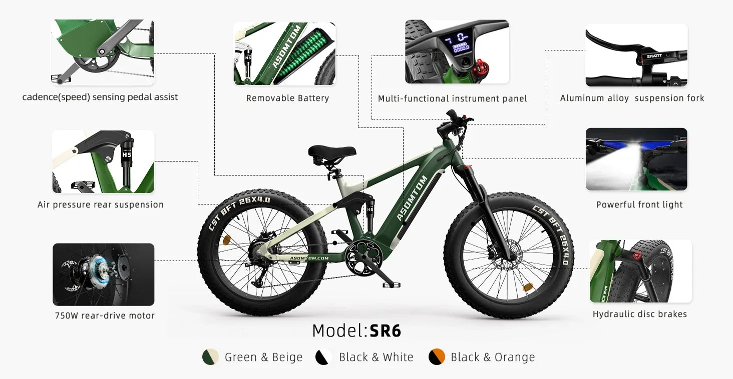 Electric Bike SR6 750W motor 48V16AH Battery Adult Electric Bicycle Hydraulic Brake 26 Inch Fat Tire mountainoff-road E-bike Ai-TechWorld 