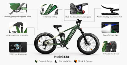 Electric Bike SR6 750W motor 48V16AH Battery Adult Electric Bicycle Hydraulic Brake 26 Inch Fat Tire mountainoff-road E-bike Ai-TechWorld 