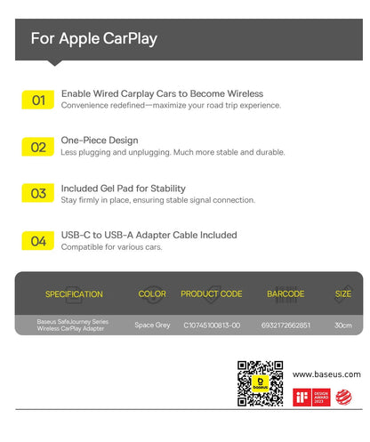 Baseus Wireless CarPlay Wired to Wireless CarPlay Adapter Auto Connect Car Intelligent Systems Plug&Play Bluetooth Smart CarPlay Ai-TechWorld 