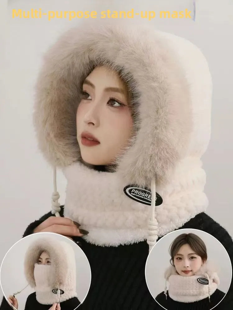 Autumn and Winter Women Thermal Plush Hat Hood Scarf and Mask Ear Protection Windproof Thick Design for Riding Outdoor Ai-TechWorld 
