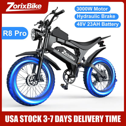 ZorixBike R8 Pro Electric Off-Road Bike 20x4" 3000W 35Mph 80Mile 48V 23Ah,7 Speed Wide Tire All Terrain E-Bike For Adult Ai-TechWorld 