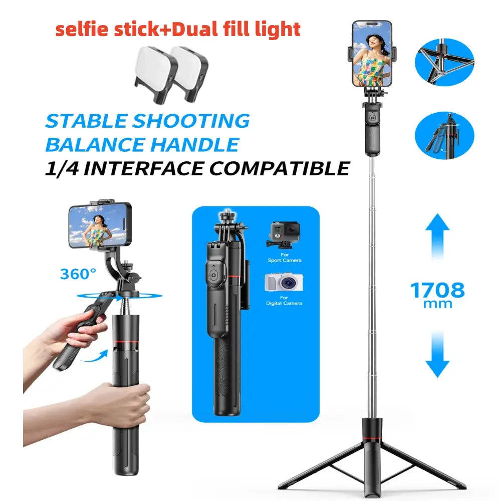 MEUYAG Selfie Stick Tripod with 1708mm Long Monopod Fill Light, Bluetooth Remote, 360° Rotation, 1/4 Interface, for mobile phone Ai-TechWorld 