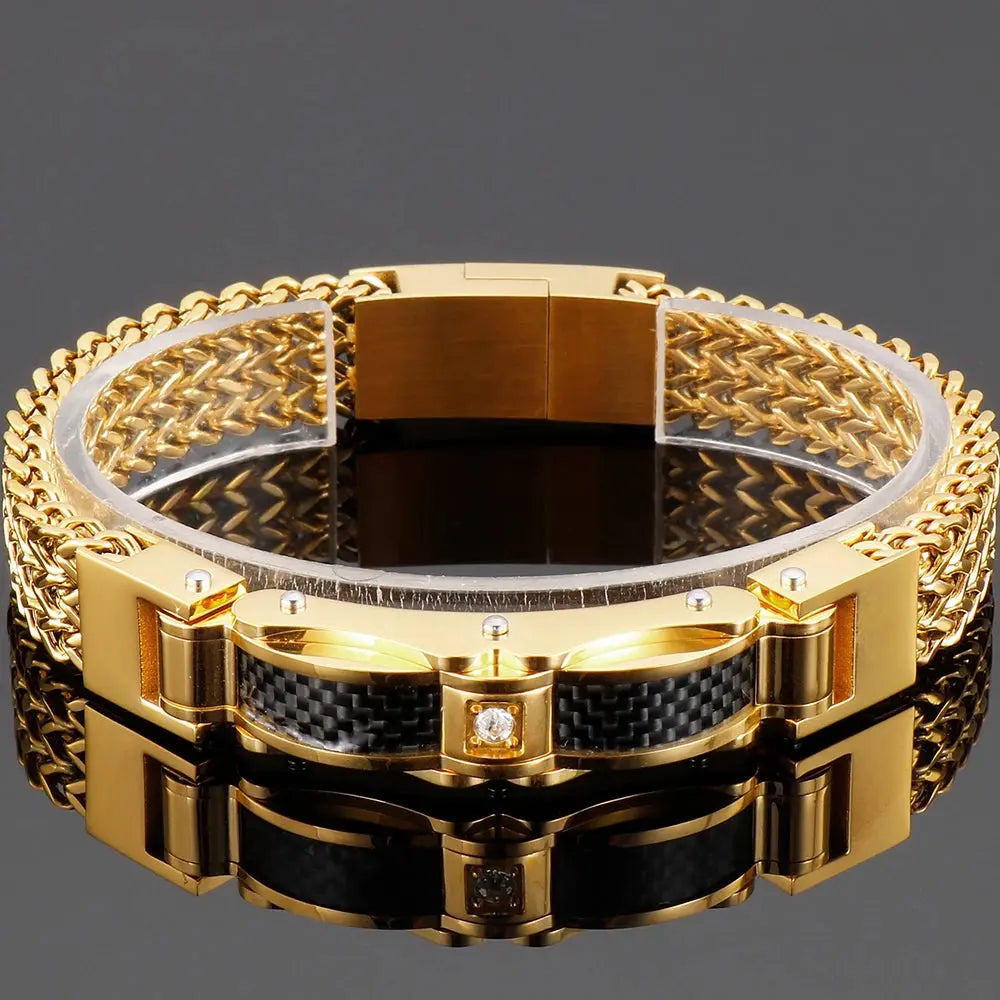 Luxury Bracelet for Men Gold 12MM Wide Stainless Steel Square Wrist Bracelets Ai-TechWorld 