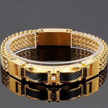 Luxury Bracelet for Men Gold 12MM Wide Stainless Steel Square Wrist Bracelets Ai-TechWorld 