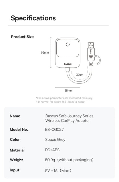 Baseus Wireless CarPlay Wired to Wireless CarPlay Adapter Auto Connect Car Intelligent Systems Plug&Play Bluetooth Smart CarPlay Ai-TechWorld 