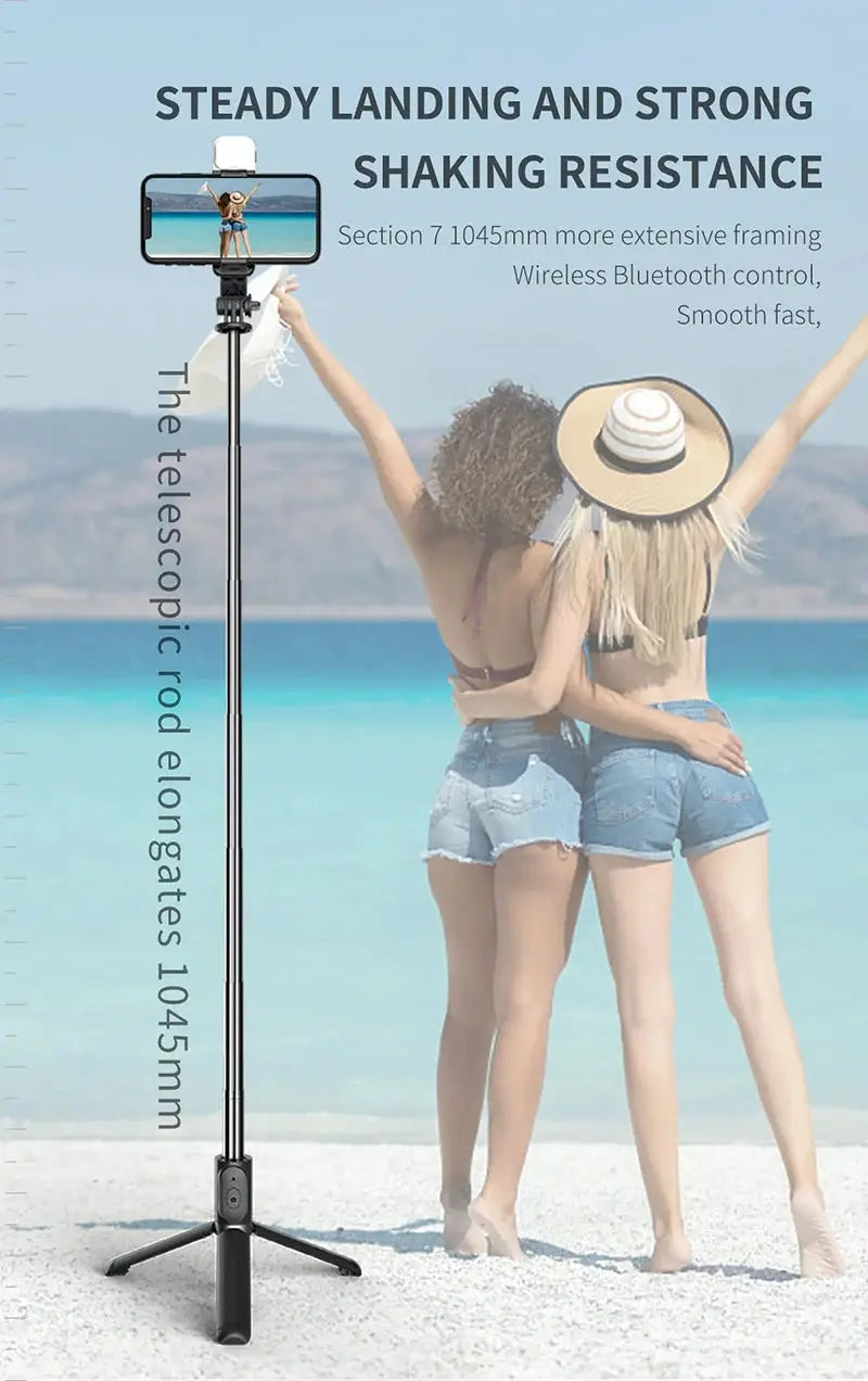 Selfie Stick With Wireless Bluetooth LED Fill Light Extended Tripod Ai-TechWorld 