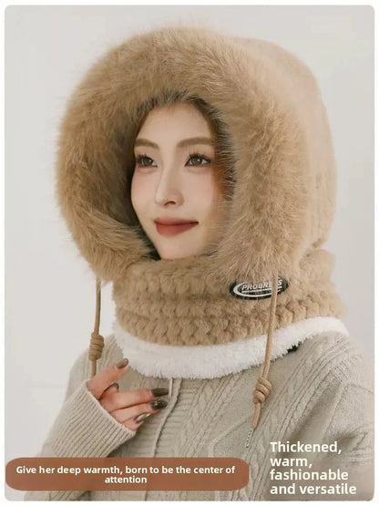 Autumn and Winter Women Thermal Plush Hat Hood Scarf and Mask Ear Protection Windproof Thick Design for Riding Outdoor Ai-TechWorld 