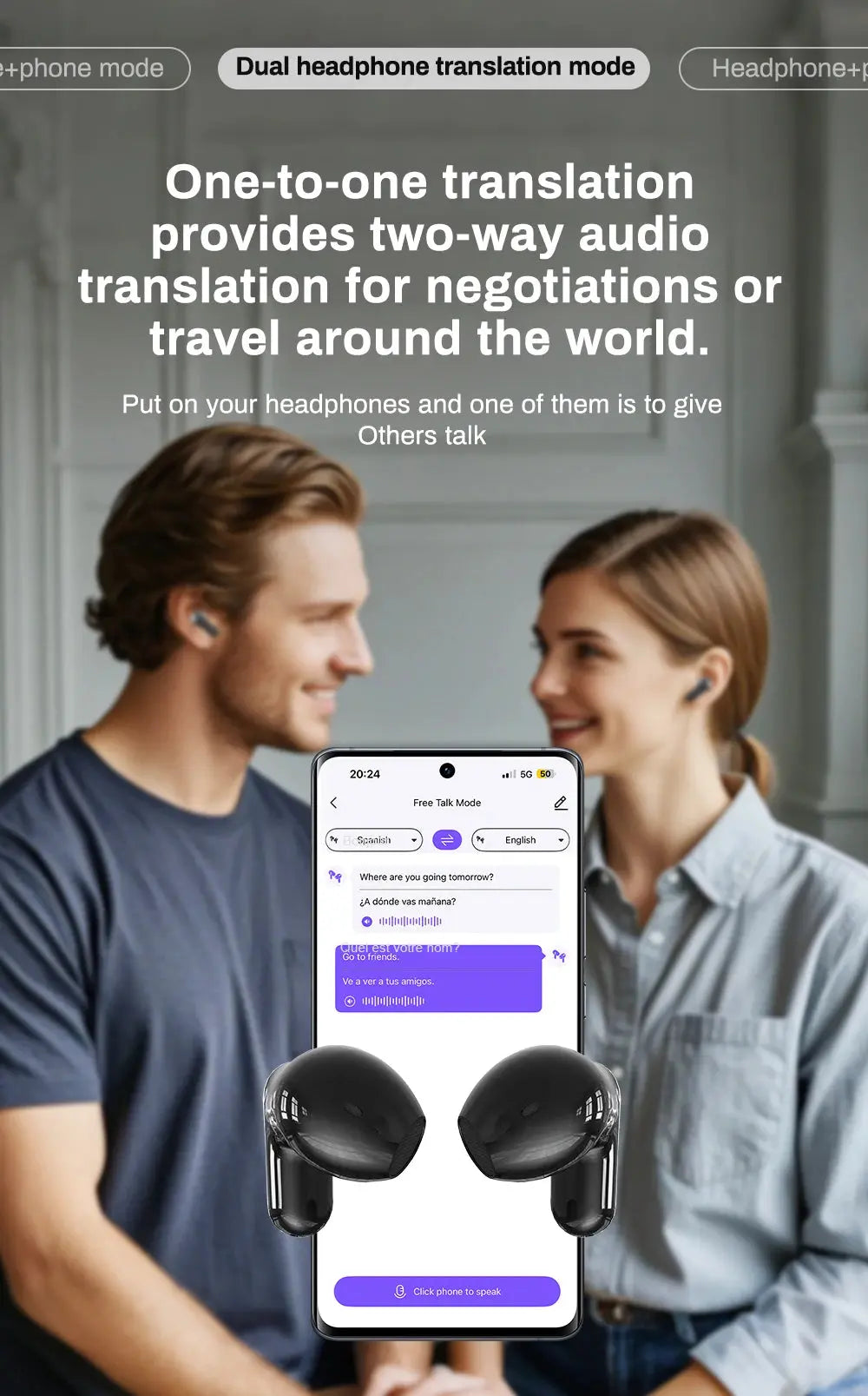 Translator HTC NE20 New Bluetooth 6.0 Wireless Headphones Translation Ai-TechWorld 
