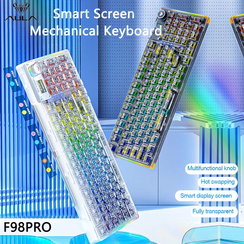 AULA F98PRO Wireless Mechanical Keyboard Transparent Keycaps RGB Backlit Custom 2.4G Hot Swappable Gaming Keyboard With Screem Ai-TechWorld   ai-techworld