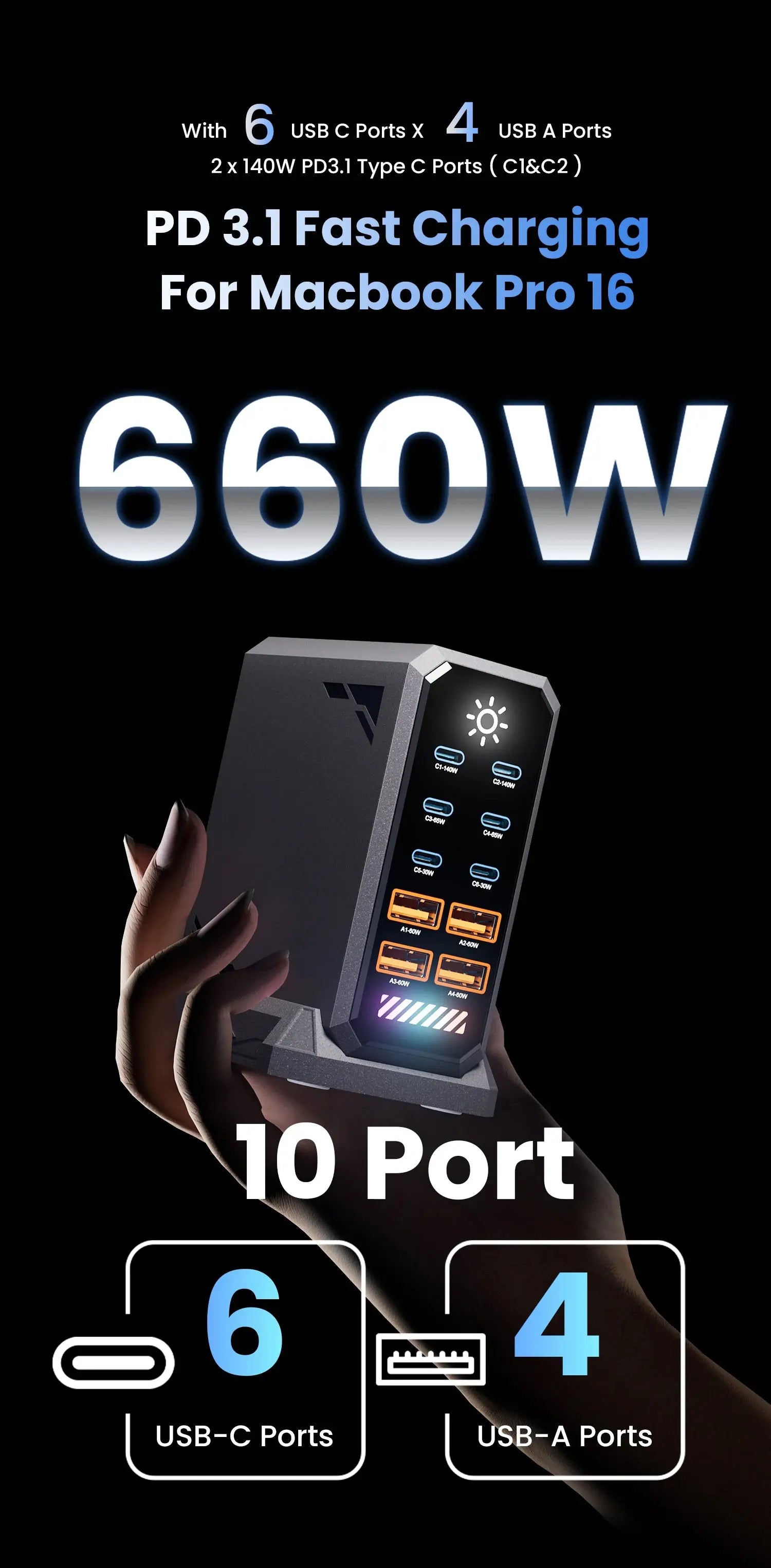 660W GaN USB Charger Station 10 Port Desktop Fast USB Type C Charger 140W PD3.1 PPS Quick Charger For Macbook iPhone 16 Samsung Ai-TechWorld 