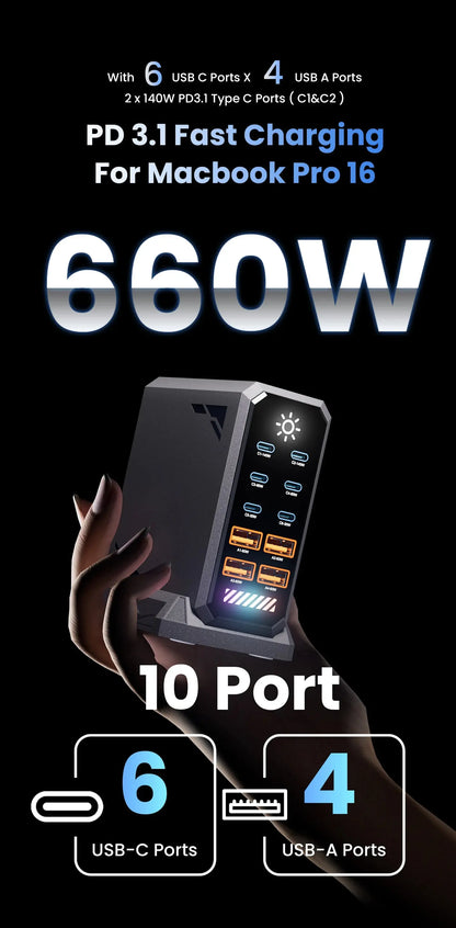 660W GaN USB Charger Station 10 Port Desktop Fast USB Type C Charger 140W PD3.1 PPS Quick Charger For Macbook iPhone 16 Samsung Ai-TechWorld 