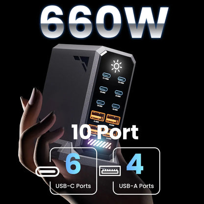 660W GaN USB Charger Station 10 Port Desktop Fast USB Type C Charger 140W PD3.1 PPS Quick Charger For Macbook iPhone 16 Samsung Ai-TechWorld 
