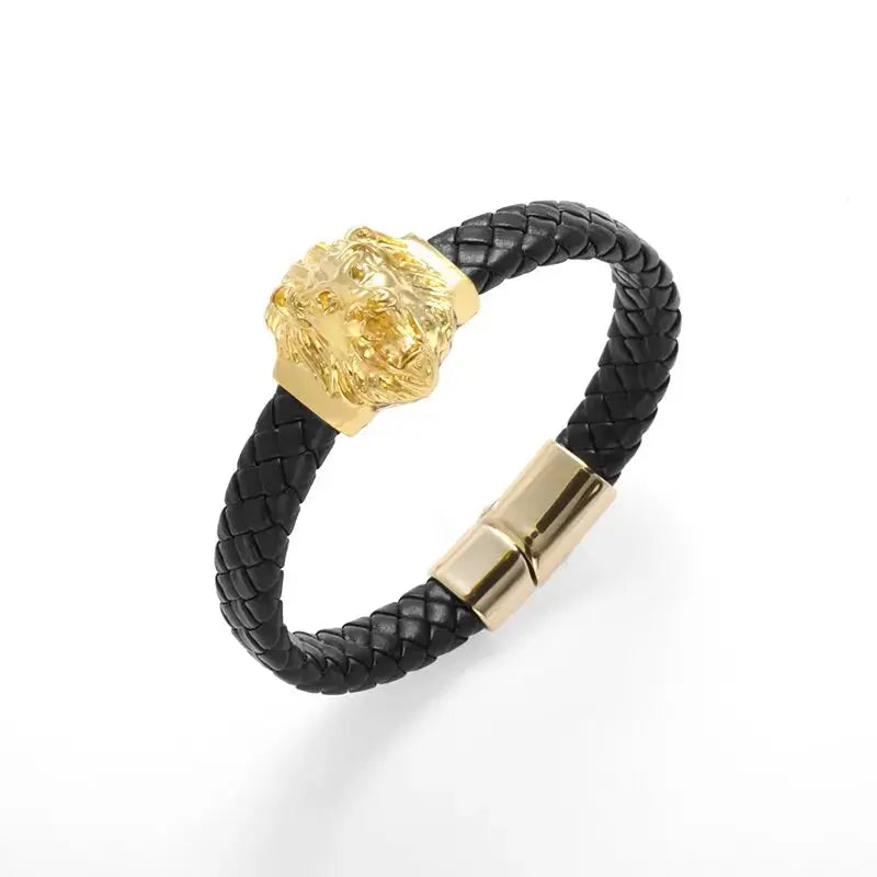 Domineering Lion Head Animal Hand-Woven Single-Layer Leather Magnetic Bracelet Hip-Hop Men's Trendy Jewelry Ai-TechWorld 