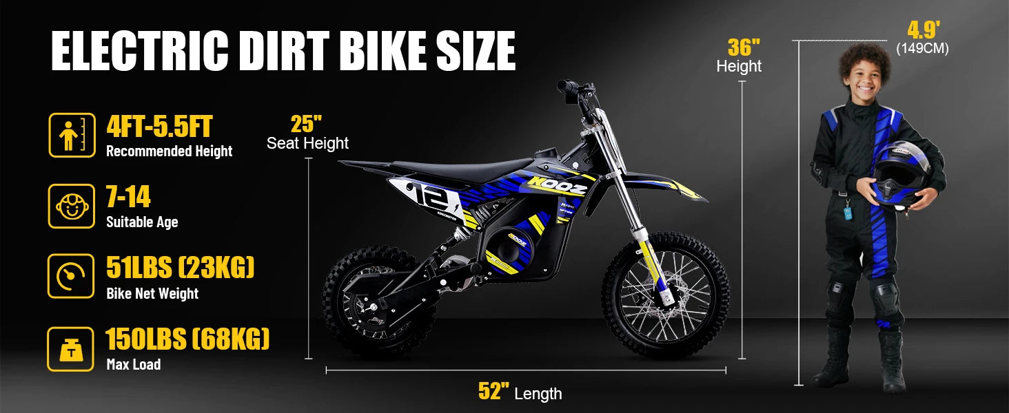 KOOZ HP112E PRO 36V 1000W Electric Motorcycle for Kids, Electric Dirt Bike Up to 20.6 MPH & 19 Miles Long-Range,UL 2849. Ai-TechWorld 