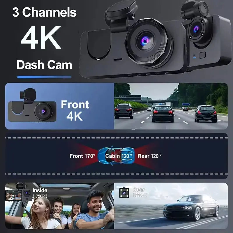 Car DVR 3Channel Dash Cam for Car 4K Video Recorder WIFI APP Dashcam Front and Rear View Camera Night Vision Car Accessories Ai-TechWorld 