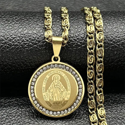 Colorful Crystal Saint Benedict Medal Necklace Women Men Stainless Steel Gold Color Chain Necklaces Jewelry San Benito N8391S05 Ai-TechWorld 