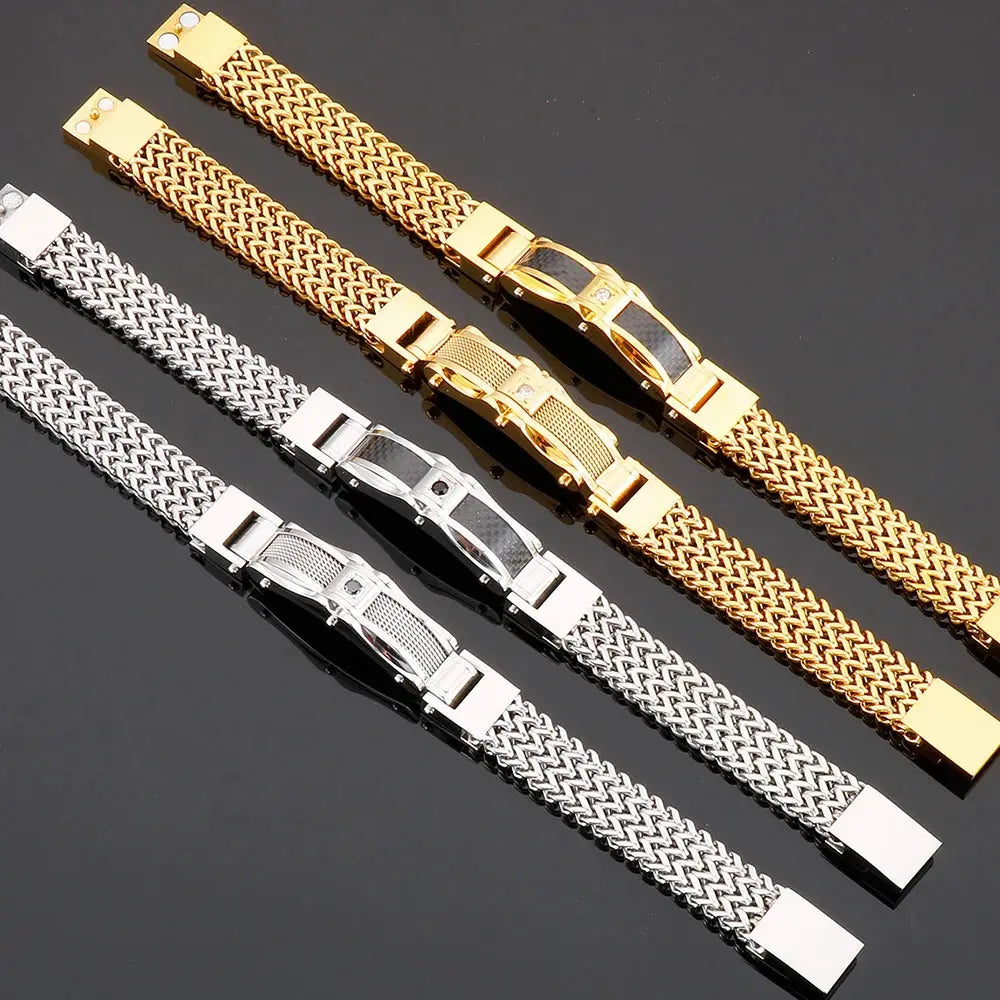 Luxury Bracelet for Men Gold 12MM Wide Stainless Steel Square Wrist Bracelets Ai-TechWorld 