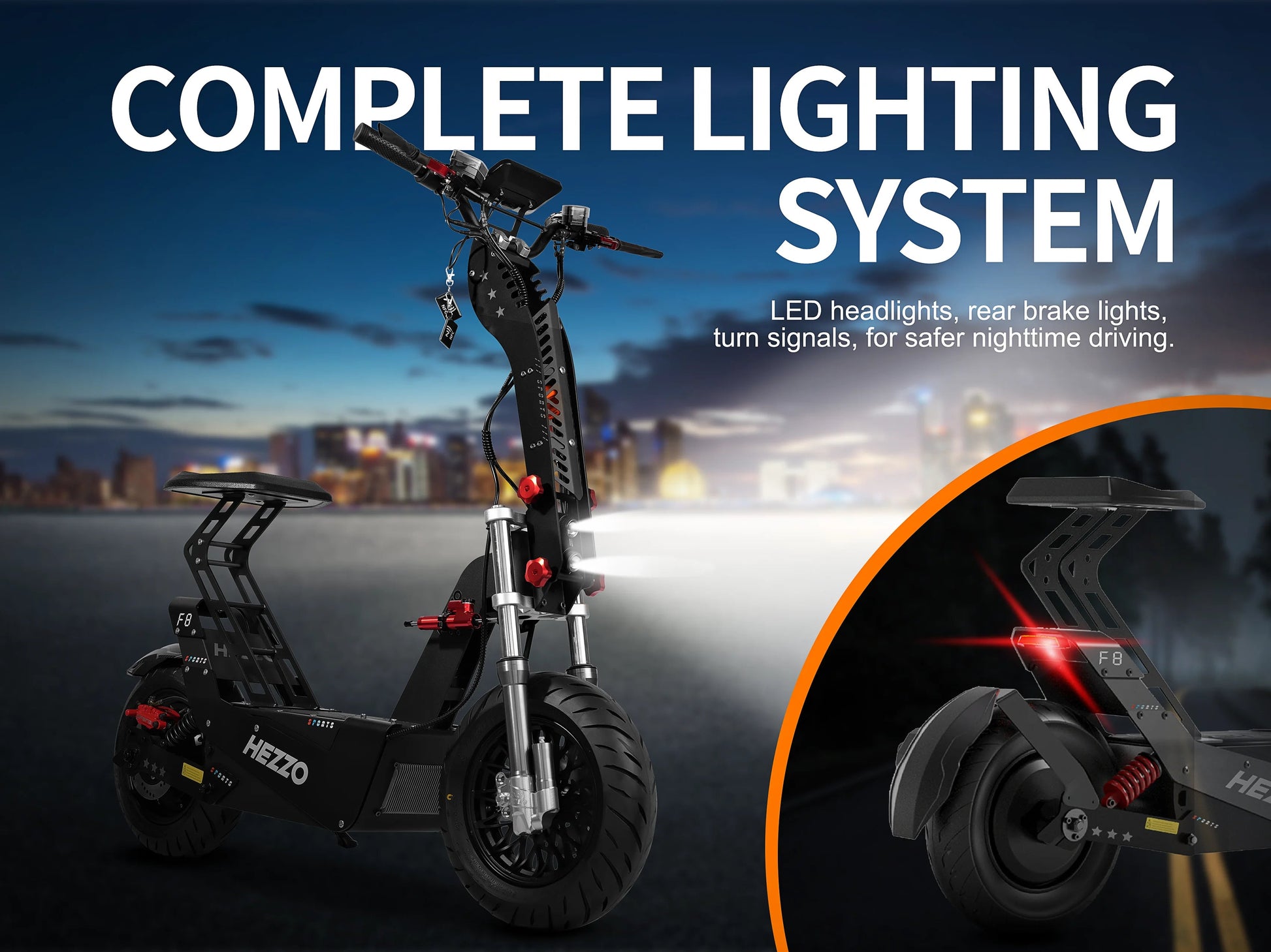 HEZZO 8000W Electric Scooter Dual Motor Top Speed 90-100KM/H，72V 50Ah ，16Inch Off-Road Tires Sport Folding F8 eScooter Ai-TechWorld 