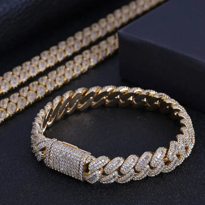 NUOYA Hip Hop Jewelry High Quality 12mm Bling Iced Cz Rectangle Diamond Prong Setting Cuban Link Necklace Homme Ai-TechWorld 