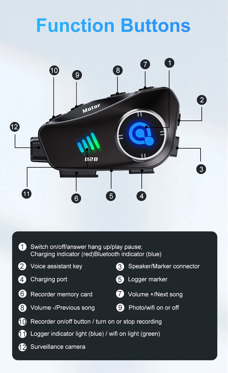 Q28 Motorcycle Helmet Headset Bluetooth Hands Free Call Waterproof Heaphone Wireless 1080P Video Dashcam TF Card as gift Ai-TechWorld 