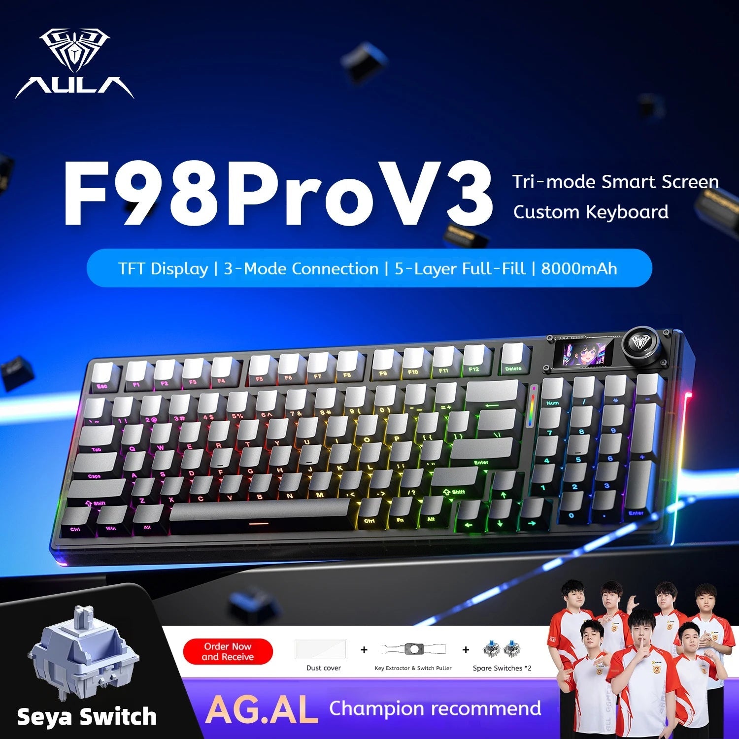 AULA F98 Pro V3 Mechanical Keyboard Custom RGB Backlight Wireless Bluetooth Gaming Keyboard With Screen and Knob Ai-TechWorld   ai-techworld