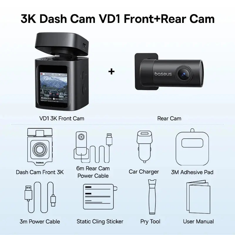 Baseus 3K Dash Cam VD1 Front and Rear Cam HD Built-in GPS Galileo Supercapacitor Car DVR Car Camera Recorder Support 24H Parking Ai-TechWorld 