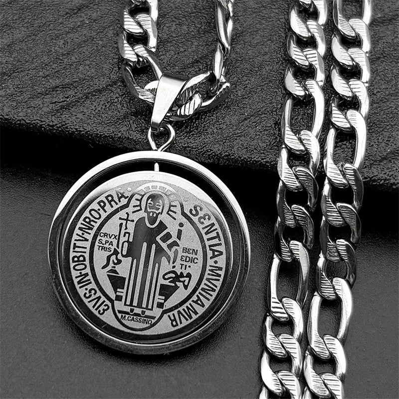 Colorful Crystal Saint Benedict Medal Necklace Women Men Stainless Steel Gold Color Chain Necklaces Jewelry San Benito N8391S05 Ai-TechWorld 