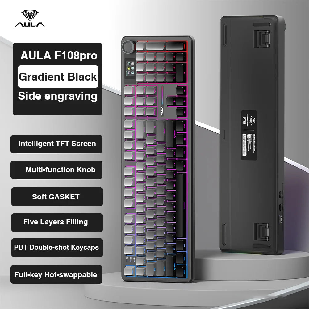 AULA F108pro Wireless Bluetooth Keyboard Macro Gaming keyboard Gasket Hot-swap Full Size Keyboard with TFT Smart Display Ai-TechWorld   ai-techworld