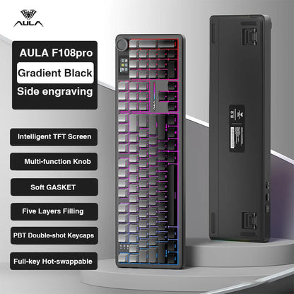 AULA F108pro Wireless Bluetooth Keyboard Macro Gaming keyboard Gasket Hot-swap Full Size Keyboard with TFT Smart Display Ai-TechWorld   ai-techworld