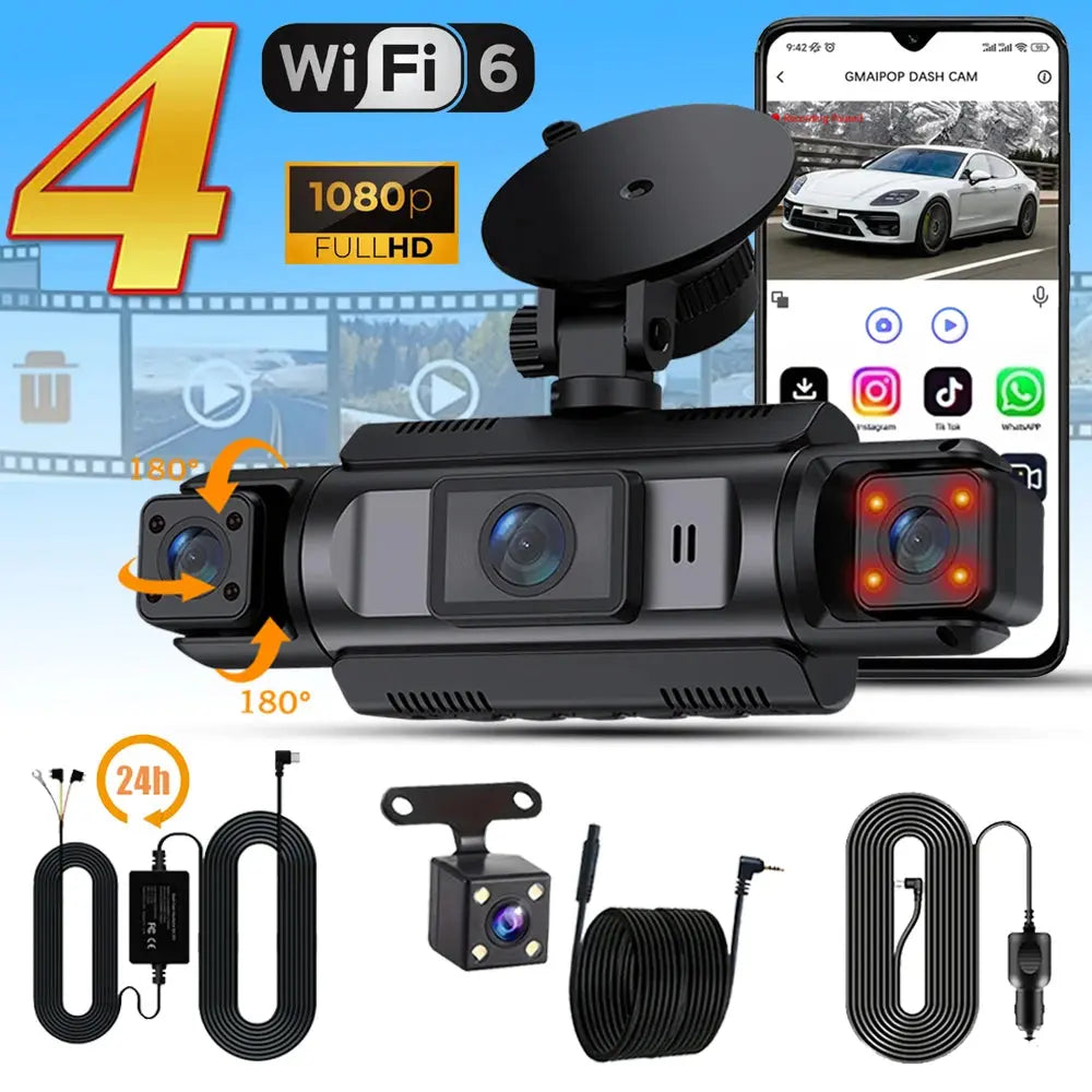 Car Dash Cam 4 Channel Black Box WiFi Driving Camera FHD 1080P Front Left Right Rear Night Vision Loop Recording add Hardwirekit Ai-TechWorld 