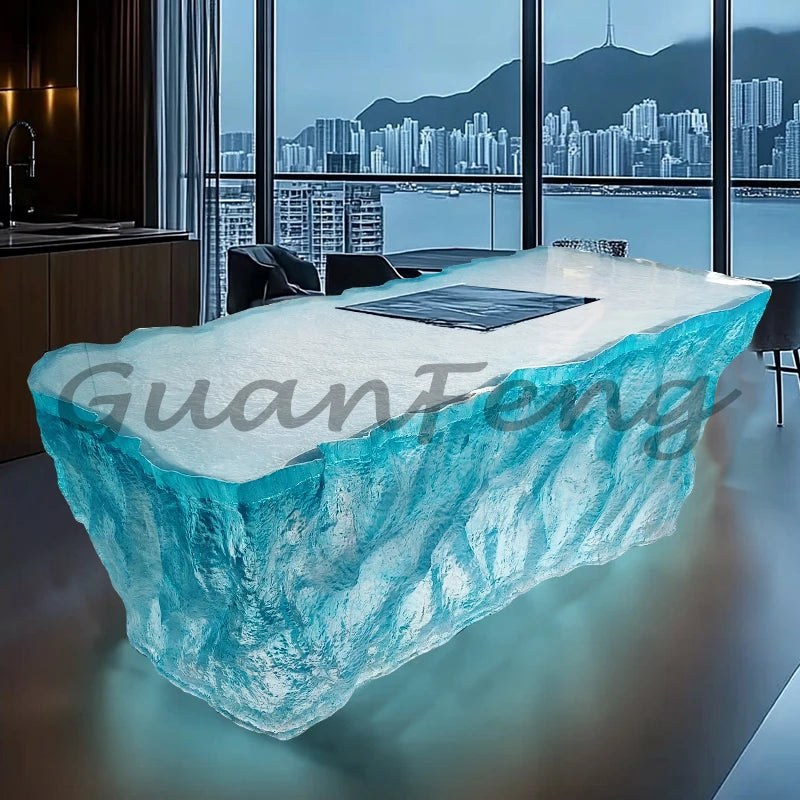 Premium Light Luxury Transparent Resin Hotel Front Desk Restaurant Villa Kitchen Partition Luminous Crystal Glacier Island Table Ai-TechWorld 